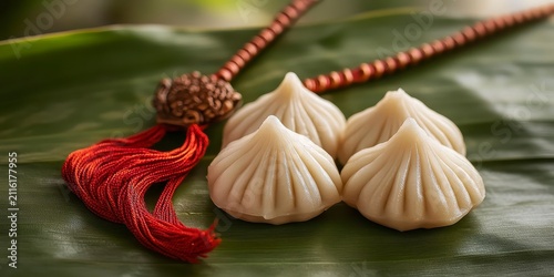 Raksha bandhan themed traditional indian modak sweets served on a banana leaf for ganesh chaturthi raksha bandhan, raksha bandhan image