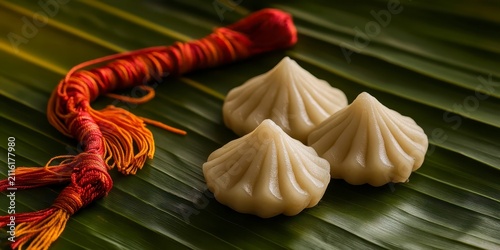 Raksha bandhan themed traditional indian modak sweets served on a banana leaf for ganesh chaturthi raksha bandhan, raksha bandhan image