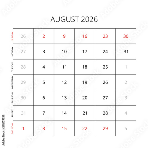 August 2026 English Minimalist Wall Calendar Page Corporate Project Management Layout