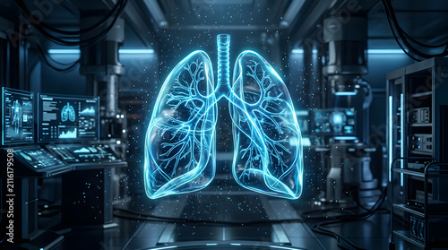 Glowing blue wireframe lungs in dark digital laboratory