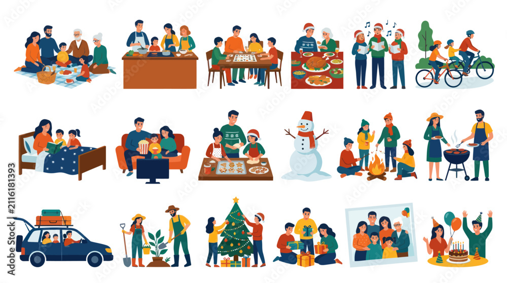 Naklejka premium Flat Vector Illustration of Family Life Activities, Celebrations, Holidays, and Generational Togetherness Scenes