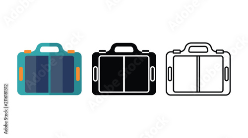 Portable solar panel device for charging electronic gadgets outdoors flat linear set icon.