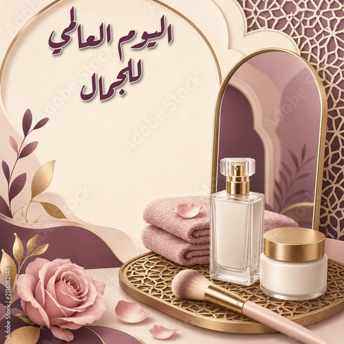 Cosmetics And Rose On Decorative Background For International Beauty
