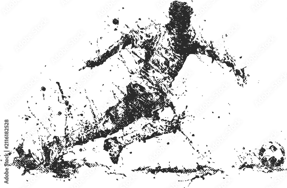 Obraz premium Grunge silhouette of a soccer player kicking the ball dynamic sports action illustration