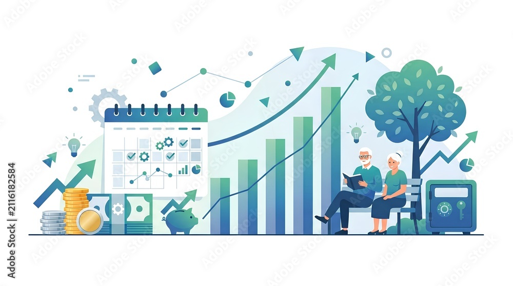 Naklejka premium Comprehensive financial planning for a secure retirement, illustrating investment growth, diligent savings, and long-term wealth management for seniors