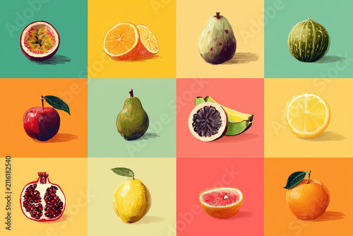 Assorted sketched fruit collection on vibrant grid pattern