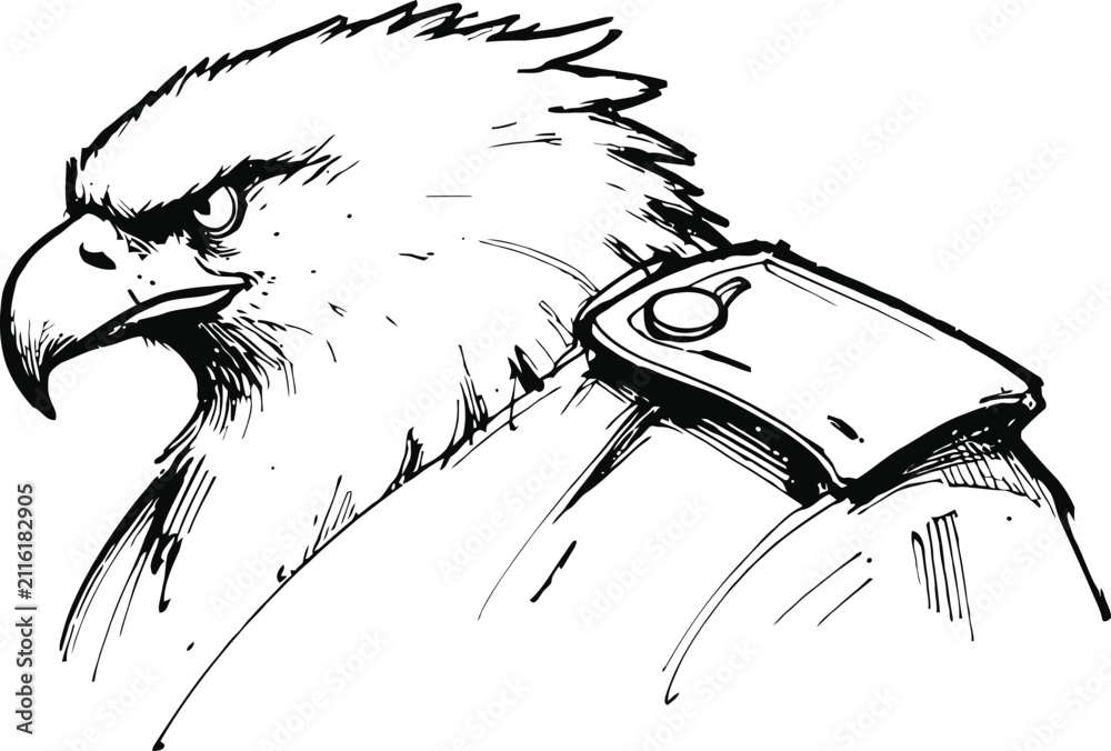 Obraz premium Eagle head illustration with military shoulder epaulette, fierce predatory bird sketch drawing
