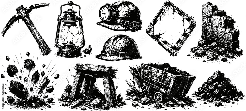 Obraz premium black and white vintage mining tools and elements pickaxe, helmet, lantern, mining cart, explosion and rubble illustration