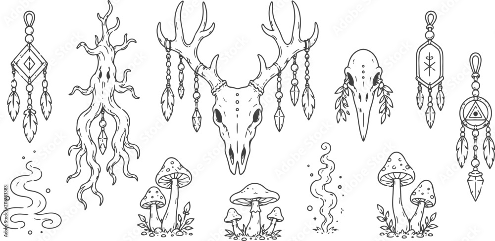 Fototapeta premium mystical tribal charms and mushroom illustrations deer skull with antlers, feathers, smoke, and magical symbols in line art