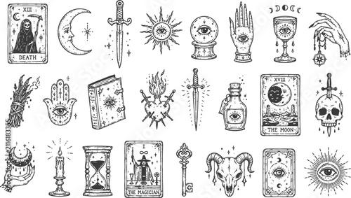 Mystical occult symbols set with tarot cards, crystal ball, skull, candles, daggers, and magical hands