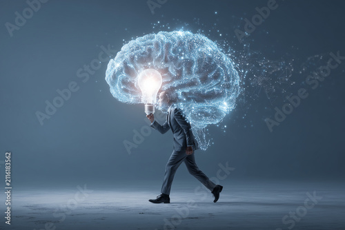 Professional walking with lightbulb and trailing brain energy