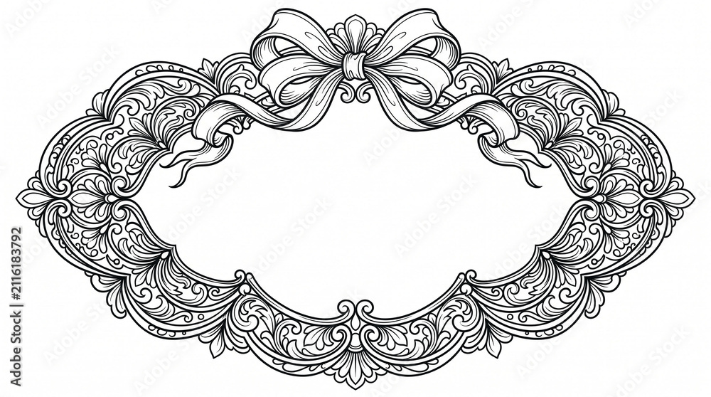 Obraz premium Ornate vintage frame border with ribbon bow line art.