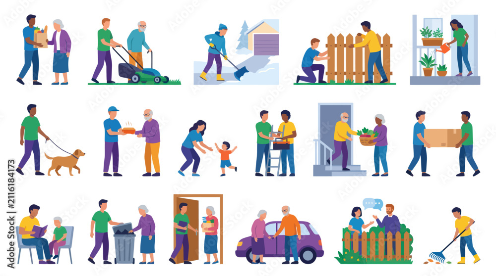 Fototapeta premium People Helping Each Other: Community Support Neighborly Acts of Kindness Flat Vector Illustration