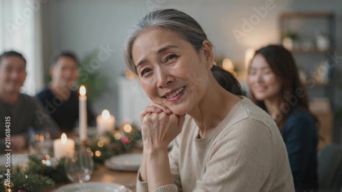 Smiling senior Asian woman at Christmas family dinner table