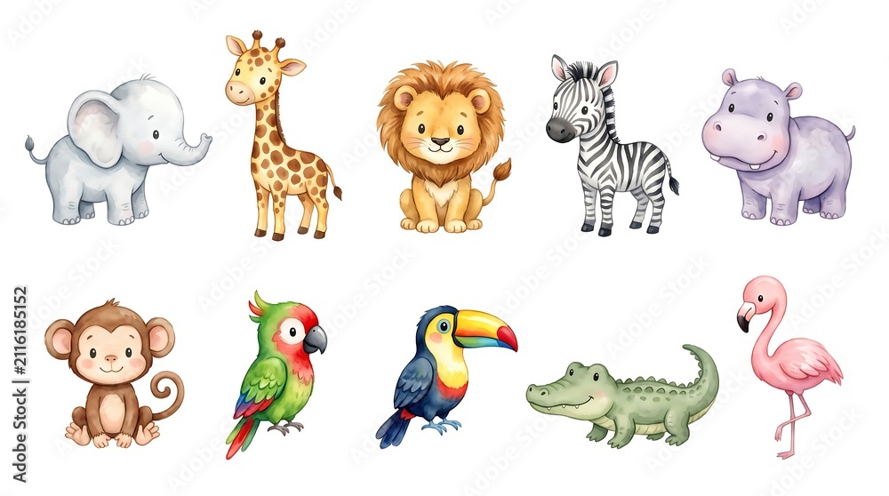 Obraz premium Cute safari animal set. Watercolor jungle creatures for nursery decor and kids design.