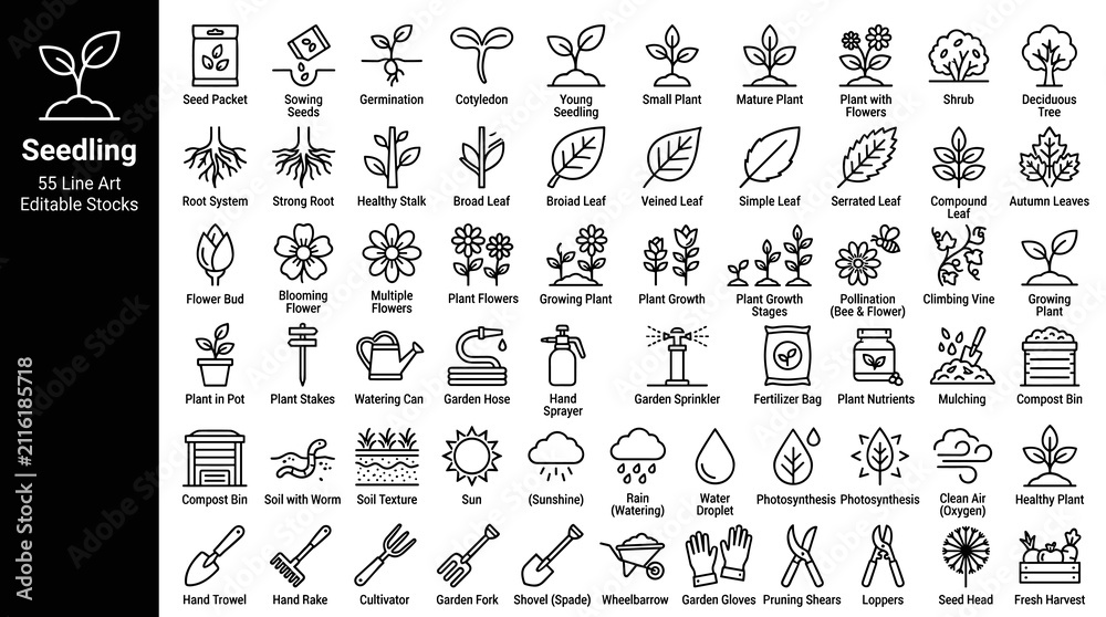 Fototapeta premium Large Seedling Growth and Gardening Line Art Icon Set with Plant Care Elements Vector Illustration