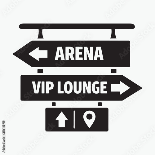 Directional Event Signage Silhouette Vector Icon Featuring Arena, VIP Lounge, and Location Pin for Wayfinding, Navigation, and Commonwealth Projects