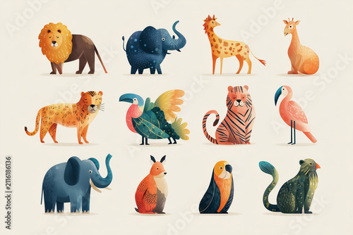 Set of watercolor safari animals on a neutral background