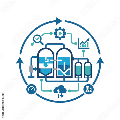 A circular diagram showing industrial processing and data flow systems
