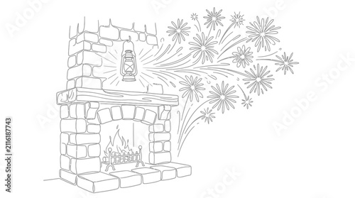Cozy fireplace with lantern and abstract fireworks illustration, warm glow, stone hearth, line art