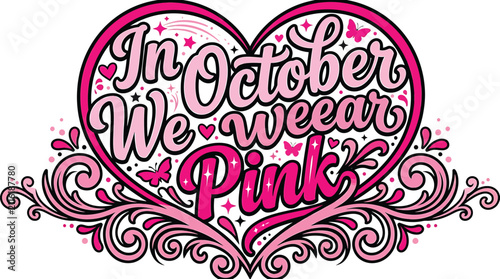 Breast cancer awareness halloween vector design featuring a decorative pink heart with the inspiring quote in october we wear pink
