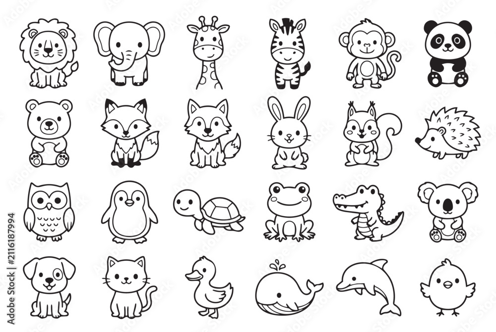 Fototapeta premium Collection of hand drawn cute cartoon baby animals and creatures with creature, illustration