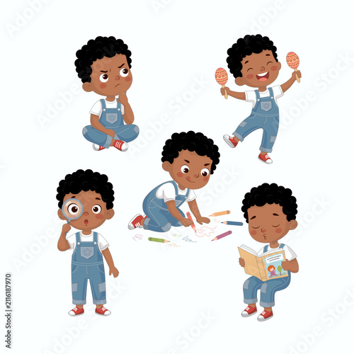 Collection of cute child characters expressing different emotions and activities. African American boy reading, drawing, playing maracas, exploring with a magnifying glass, and thinking. Cartoon