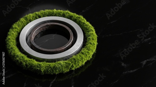 Metal Ring Wrapped In Green Moss On Reflective Dark Surface
