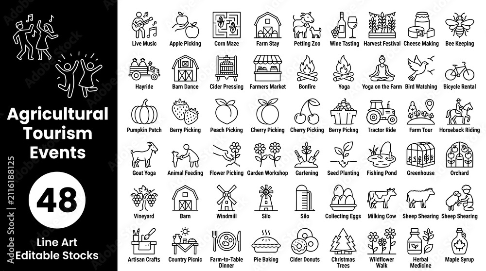 Obraz premium Large Rural Harvest Festival and Agritourism Lifestyle Icon Set in Refined Minimal Outline Vector Illustration