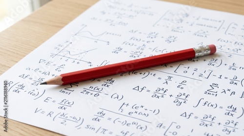 A red pencil resting on a sheet filled with complex mathematical equations and graphs on a wooden surface.