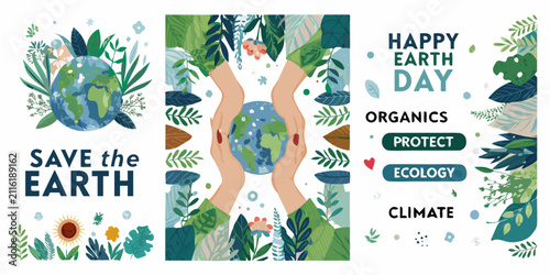Fotografie Floral ornament with earth globe vector illustration with green and blue hues