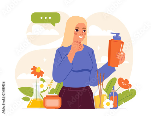 Vector illustration of a woman choosing a cosmetic bottle among skincare products, flowers and botanical elements. Beauty and personal care concept