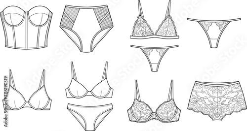 Women Lingerie Set Bustier Bra and Panties Technical Flat Sketch Vector Template