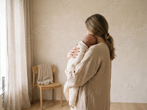 Mother holding newborn baby. Woman embracing infant in a cozy minimal home interior.