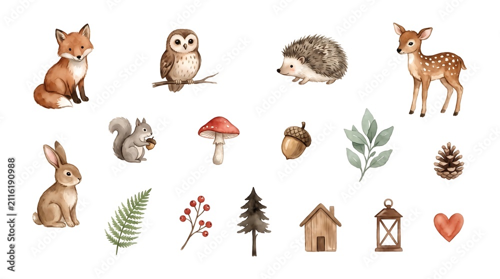 Fototapeta premium Watercolor woodland animals set. Cute forest creatures and nature elements collection.