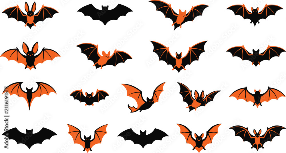 Fototapeta premium A collection of various flying bat illustrations isolated on a white background for festive halloween party design projects