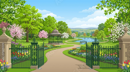 Vector illustration of a scenic park garden with an open wrought iron gate leading to a winding path, a central gazebo, blooming flower beds, a pond with a bridge, rolling hills.