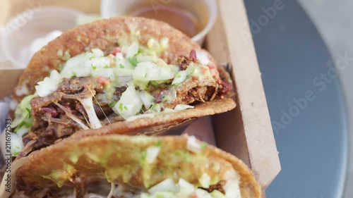 Close-up of Mexican taco with shredded beef and beans