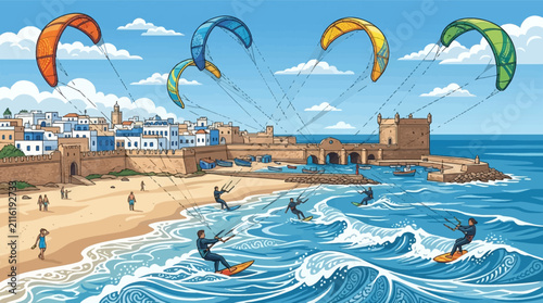 Vector illustration of kitesurfing at Essaouira beach, Morocco, featuring colorful kites, historic Skala de la Ville ramparts, ocean waves, and traditional coastal medina architecture.