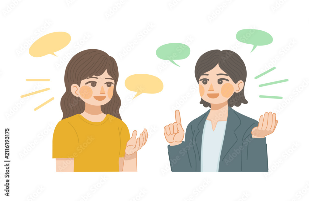 Obraz premium 営業の女性と、顧客の女性が話しているイラスト