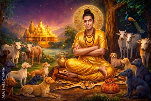 Divine Lord Dattatreya sitting in meditation with sacred cow and dogs, Hindu mythology