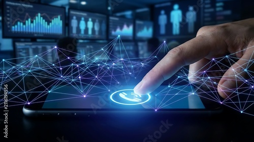 Futuristic Digital Network Connection with Finger Touch on Screen.