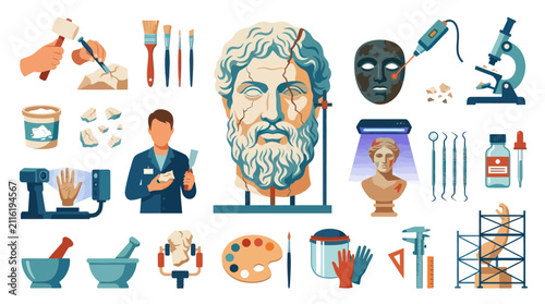 Ancient Artifact Restoration Tools and Supplies Collection, Flat Design