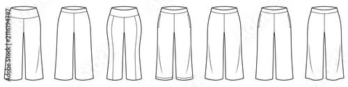 flat sketch set of womens plus-size comfort wide leg pants vector illustration