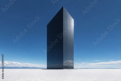 Minimalist black glass corporate headquarters in surreal landscape