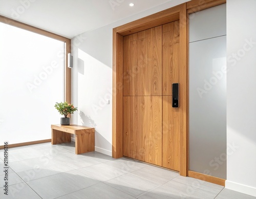 Contemporary entrance hall with wooden doors and bright minimalist architecture
