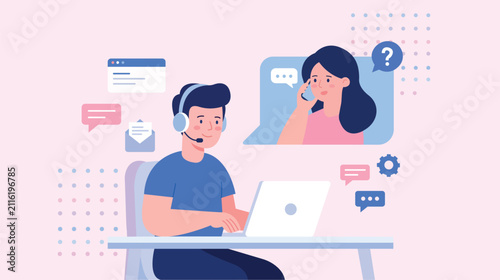 Customer Support Agent Assisting Client Through Online Chat and Phone Call Flat Vector Illustration.