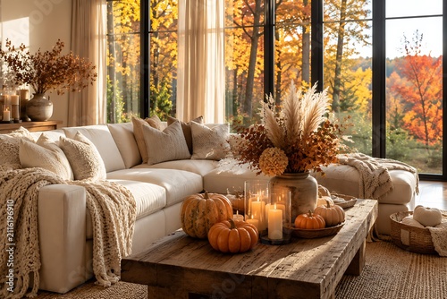 Cozy living room with sectional sofa decorated for autumn with pumpkins and candles during golden hour