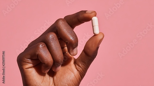 Hand Holding White Pill Against Pink Background Close Up Healthcare Medication Pharmaceutical Concept