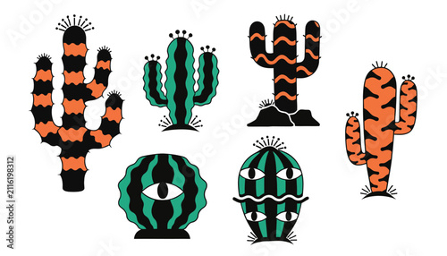 Whimsical Cactus Collection: Abstract Desert Plants with Eyes and Stripes